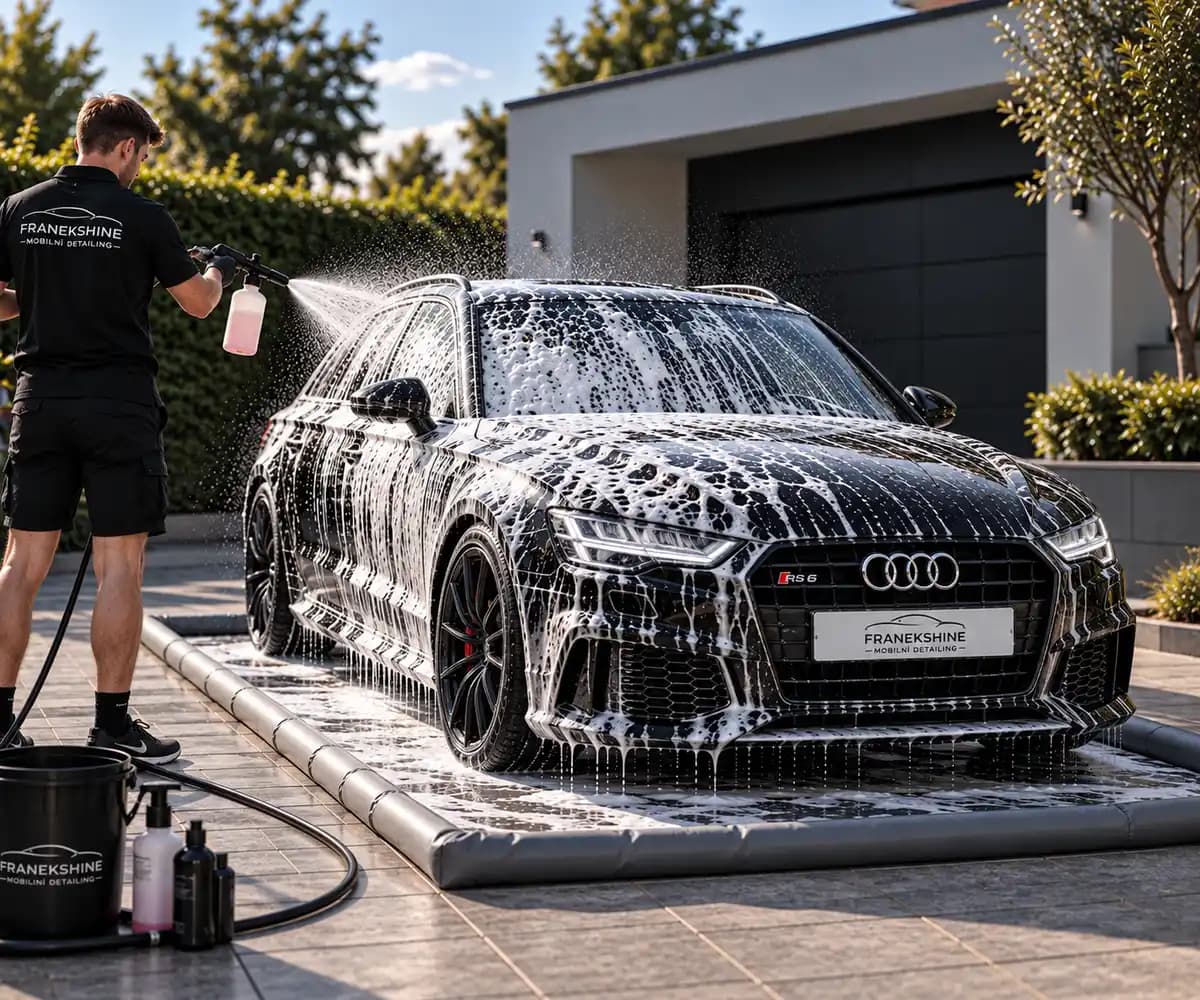 Technik stříká aktivní pěnu z pěnovače na černé Audi RS6 před ručním mytím