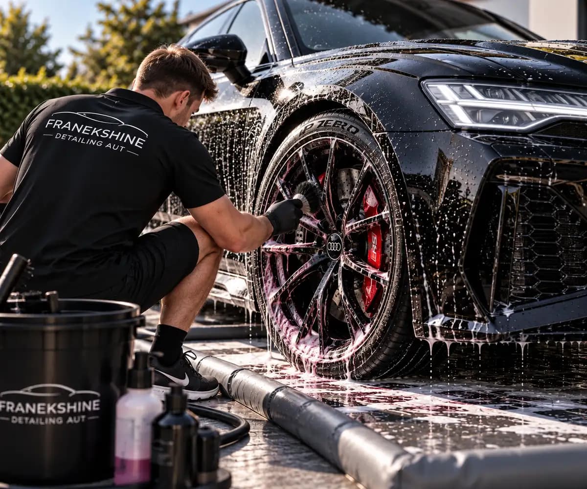Detailer čistí kartáčkem kolo Audi RS6 růžovým přípravkem na rez