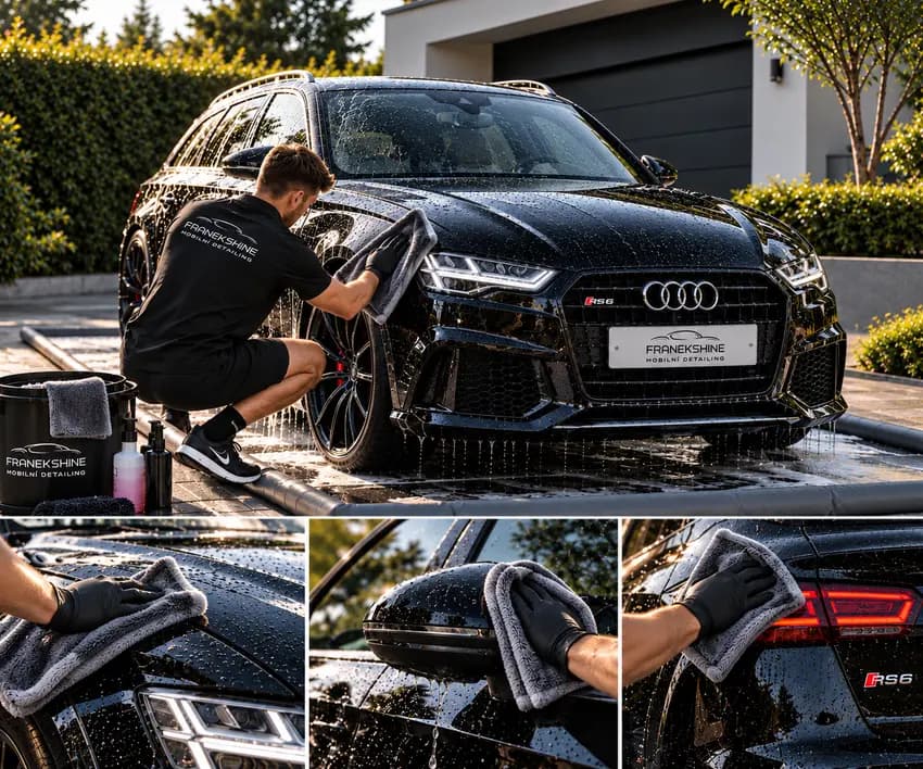 Detailer osušuje mikrovláknovou utěrkou kapotu a zrcátko Audi RS6