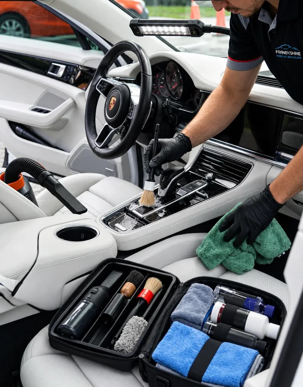 Detailer s LED lampou čistí kartáčkem střední konzoli bílé kůže Porsche